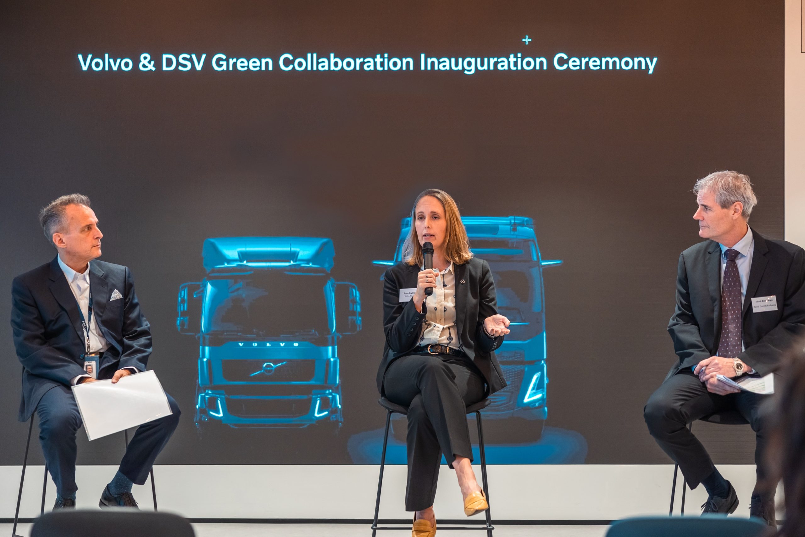 L-R: Gino Marzola, Managing Director, DSV Air & Sea Singapore & Malaysia; Anna Engblom, Managing Director, Volvo Trucks, Southeast Asia & Japan; Jakob Brix Tange, Ambassador of Denmark to Singapore respond to questions during the handover Q&A.