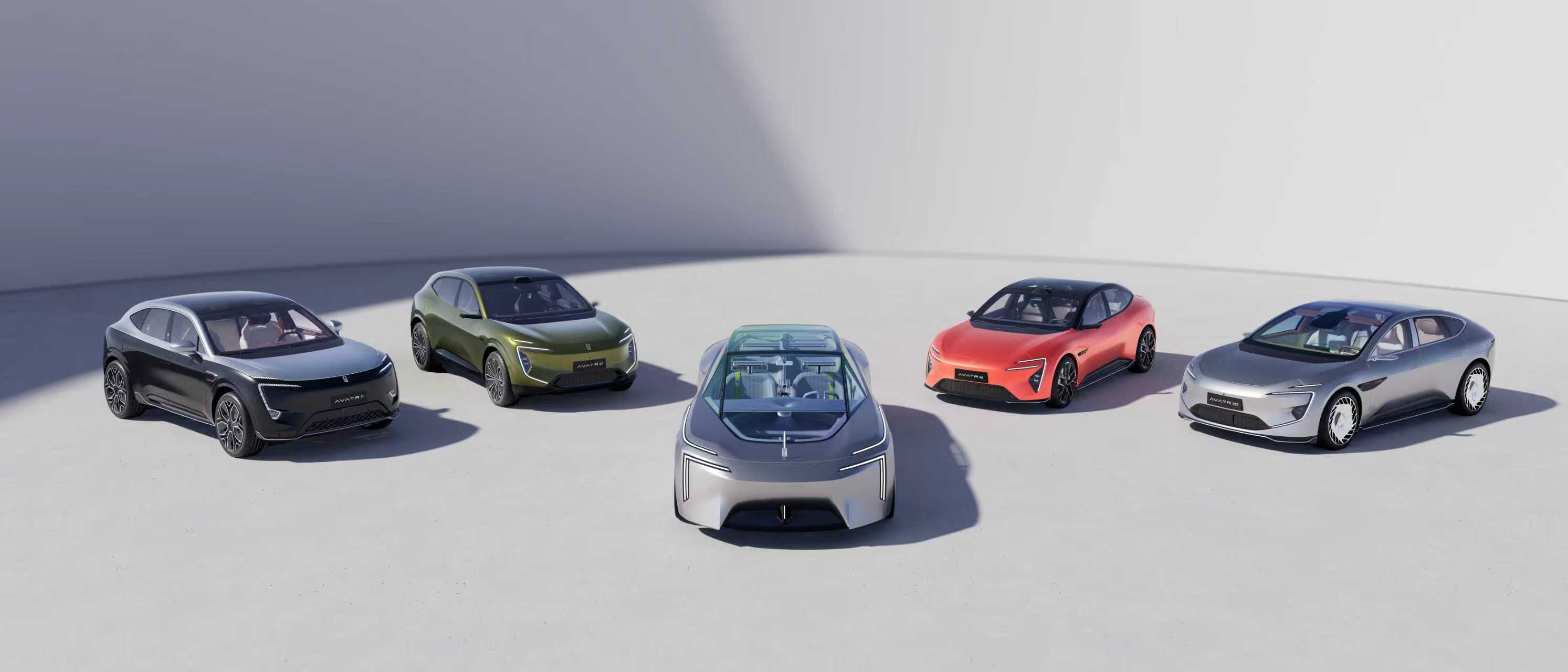The world's first Emotive Intelligent (EI) vision car, AVATR VISION XPECTRA , the limited-edition AVATR 012 co-created with Kim Jones, the exclusive custom AVATR 11 Royal Edition, the Urban Luxury SUV AVATR 07, and the Luxury Sports Sedan AVATR 06 picture designed by AVATR